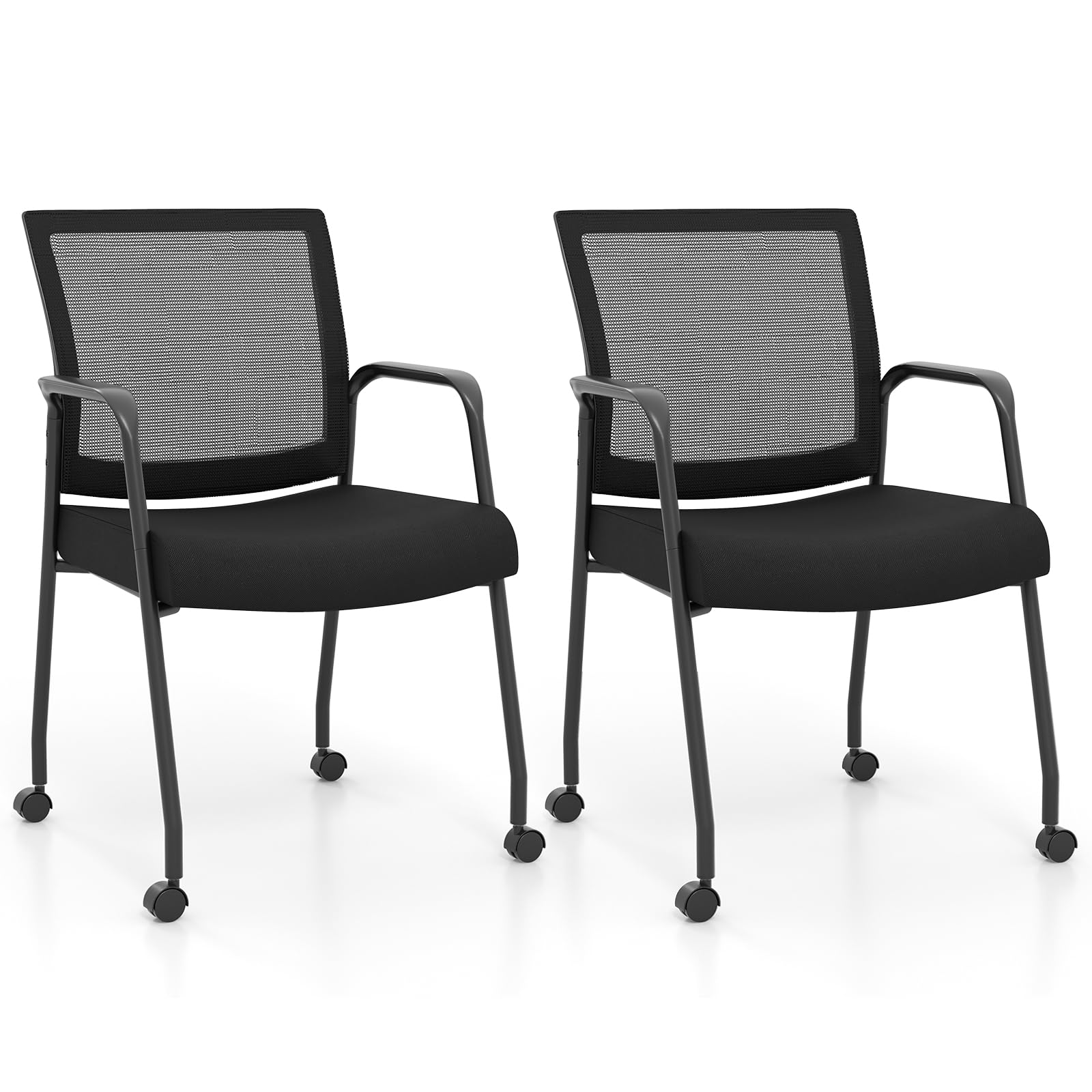 Tangkula Set of 2 Rolling Conference Room Chairs, Mobile Reception Chairs Office Guest Chairs with Integrated Armrests, Mesh Bac
